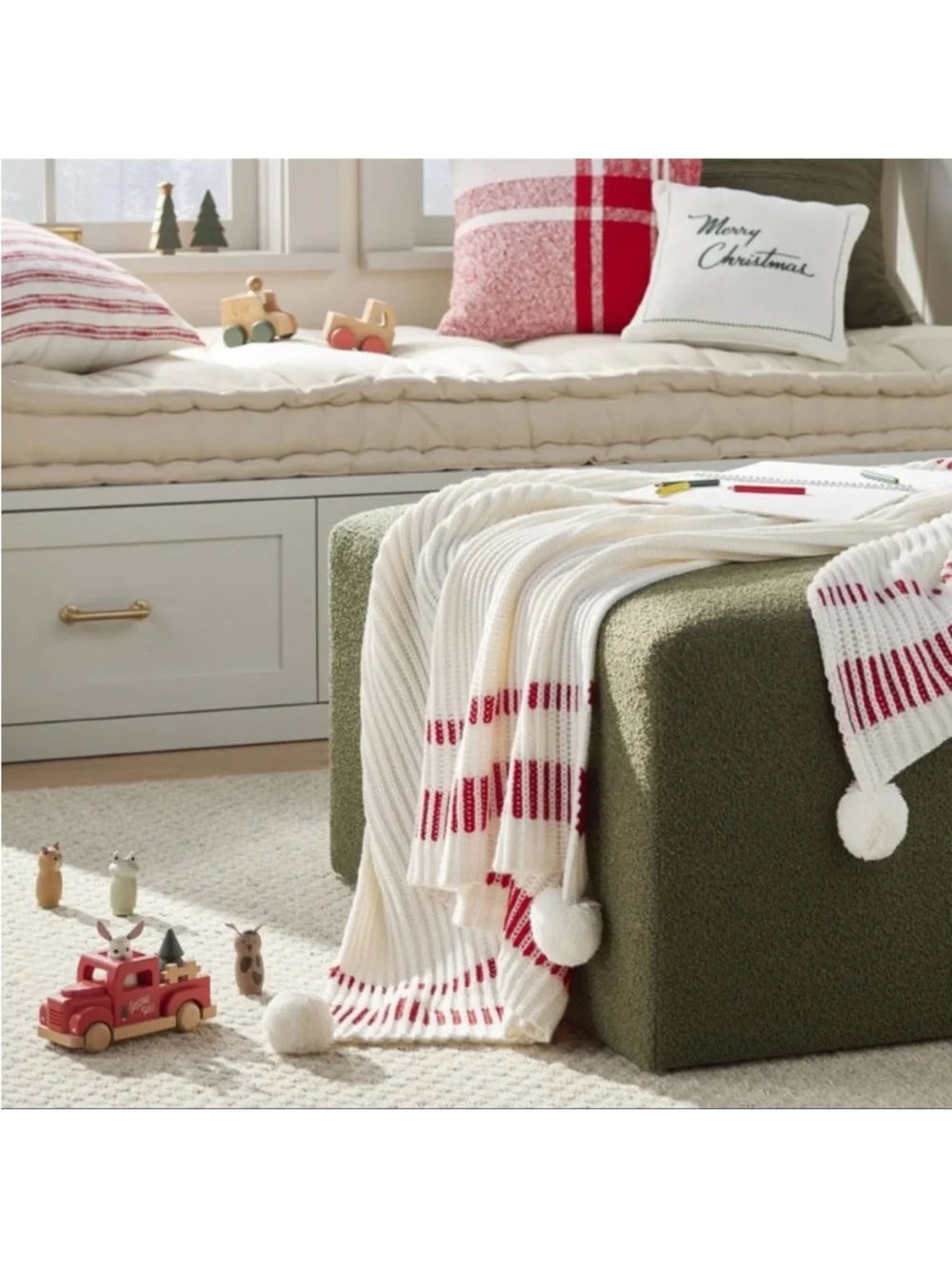 NWT Hearth & Hand Cream Knit Throw with Red Stripe Pom-Poms